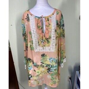 Daniel Rainn Women Plus Size 2X Floral Peach Peasant Bohemian Sheer Tunic Blouse